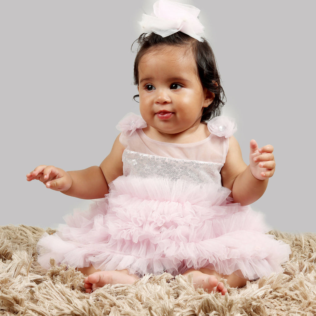Girls Pink and Grey Sequin Gown with Frill Hem and Floral Detail