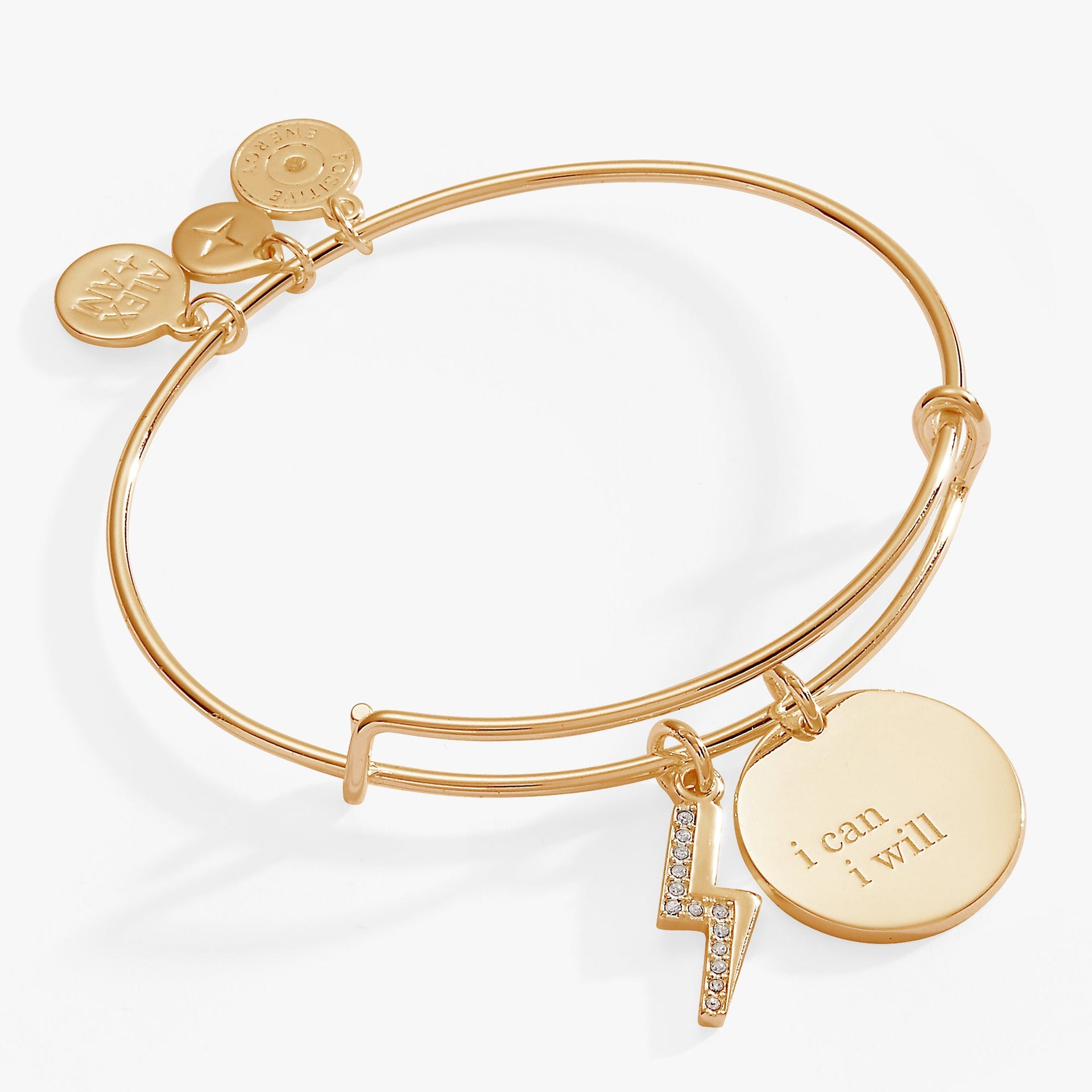 Alex And Ani I Can I Will expandable wire bangle with engraved charm and crystal lightning bolt