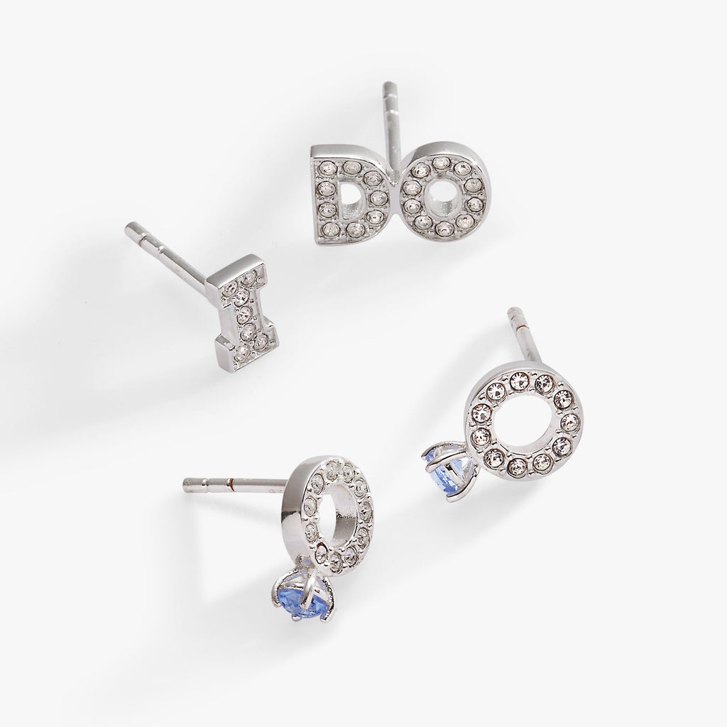 Bridal I Do Stud Earring Set of 2, Mixed Metal & Blue Crystal