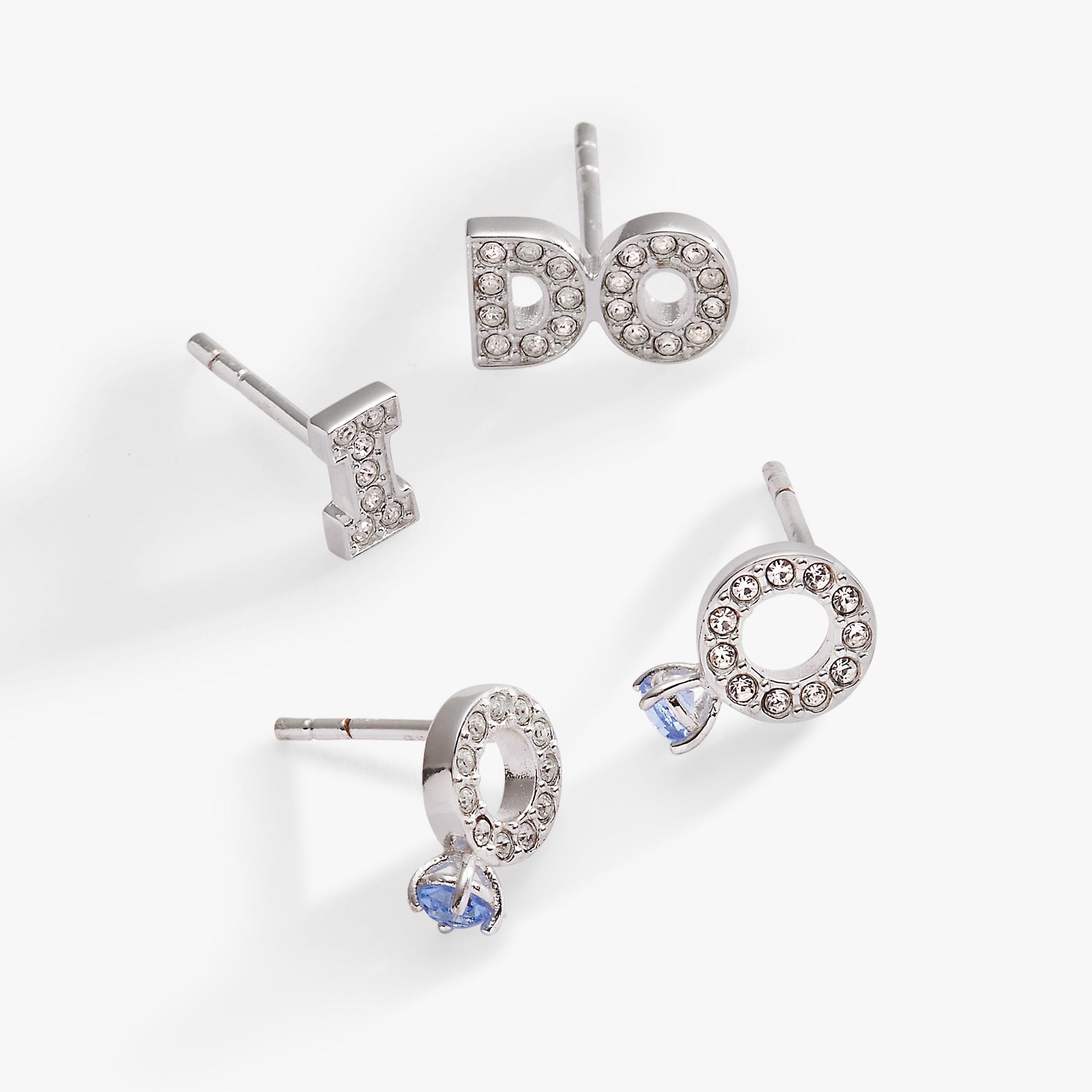 Bridal I Do Stud Earring Set of 2, Mixed Metal & Blue Crystal