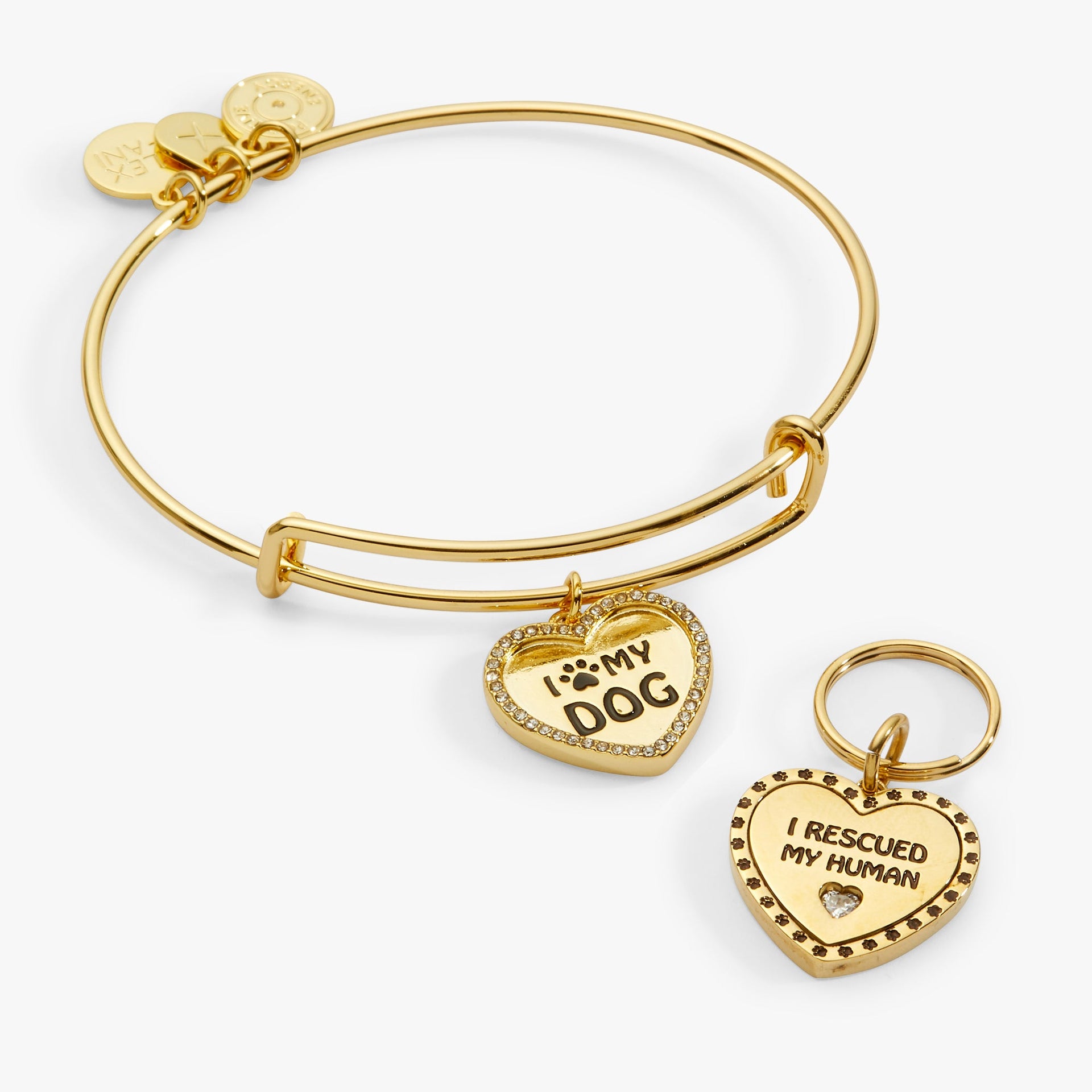 I Love My Dog bangle bracelet next to a matching crystal pavé pet collar charm