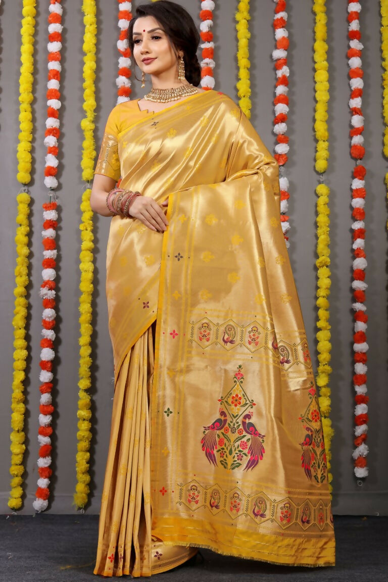 Yellow Paithani Silk Saree with Zari Woven Detail and Blouse