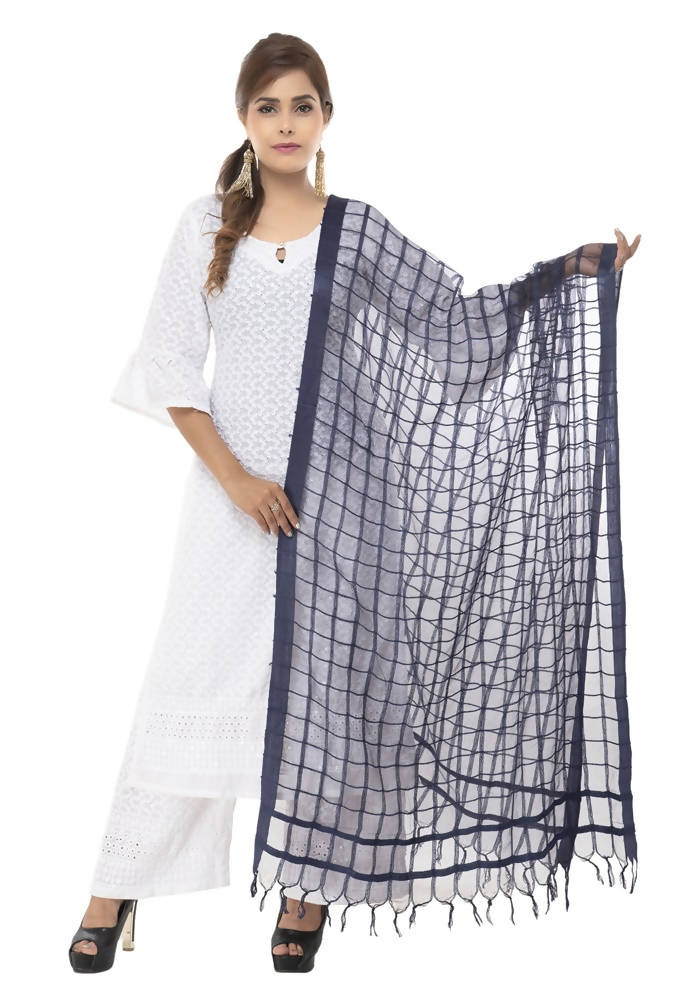 Navy Blue Kota Cotton square dupatta draped elegantly for traditional wear