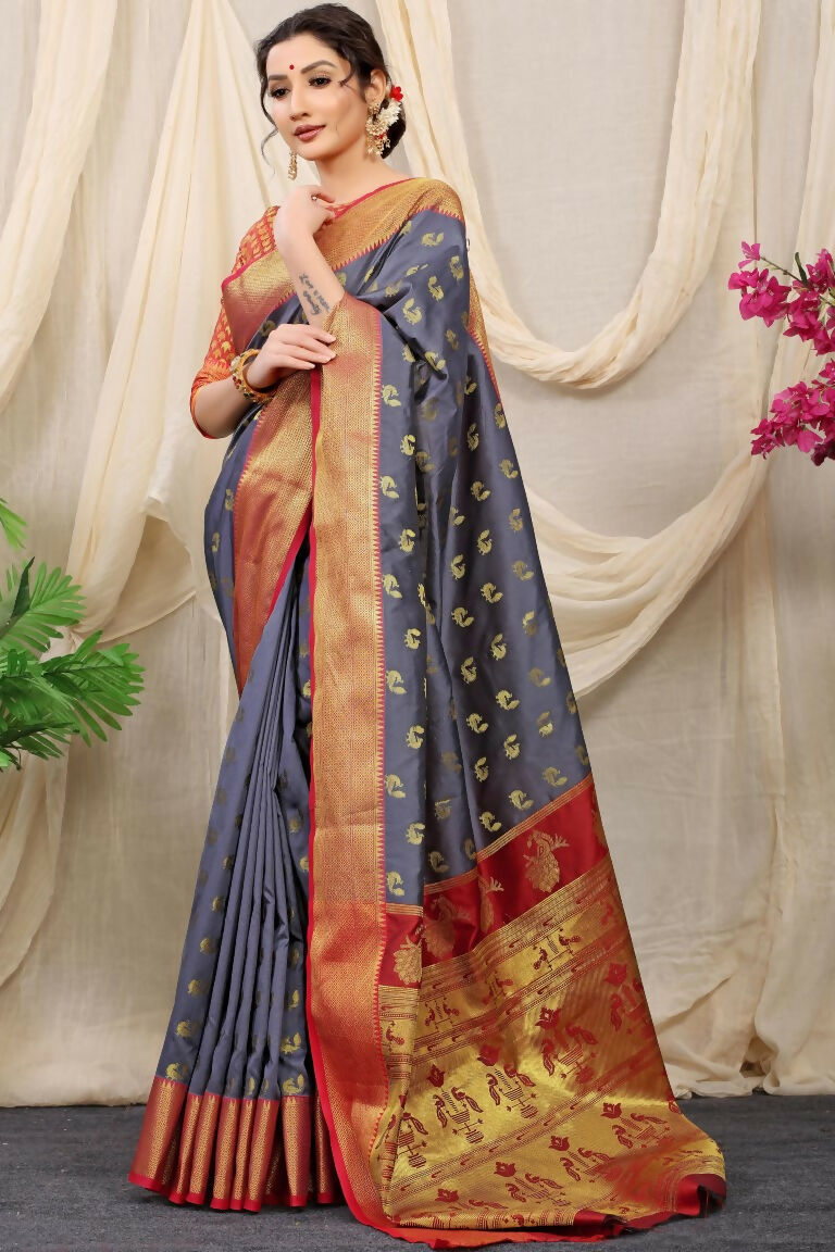 Grey Banarasi Silk Zari Woven Saree with Red Blouse