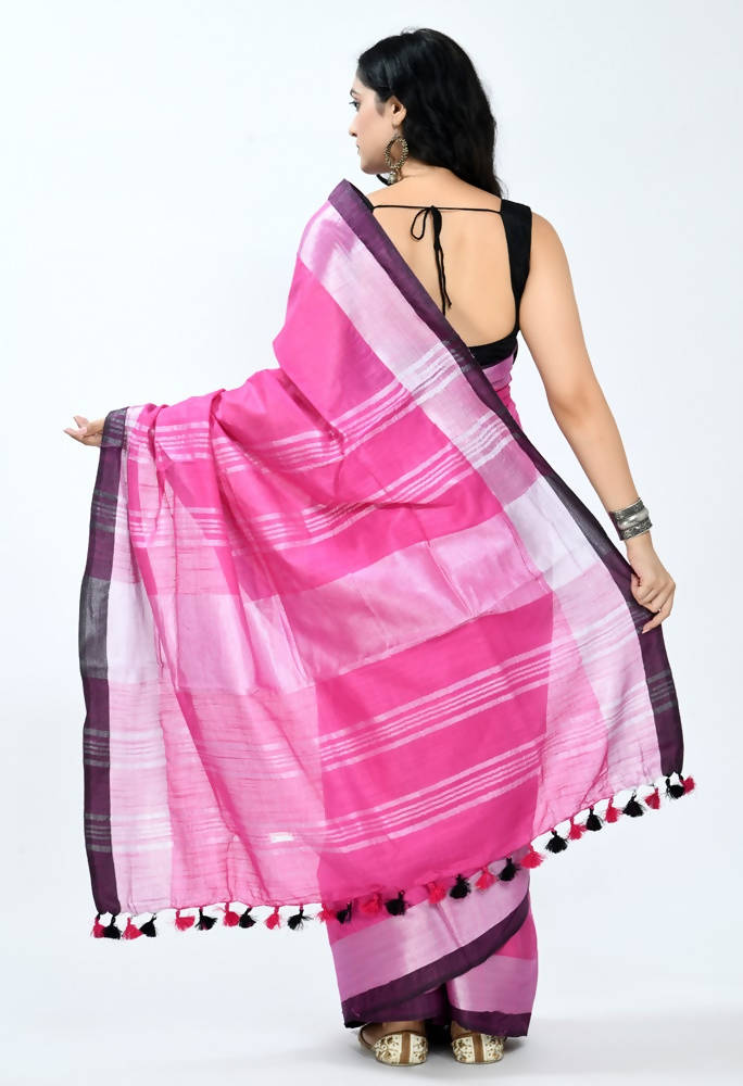 Pink Bhagalpuri Handloom Silk Saree with Contrast Black Blouse