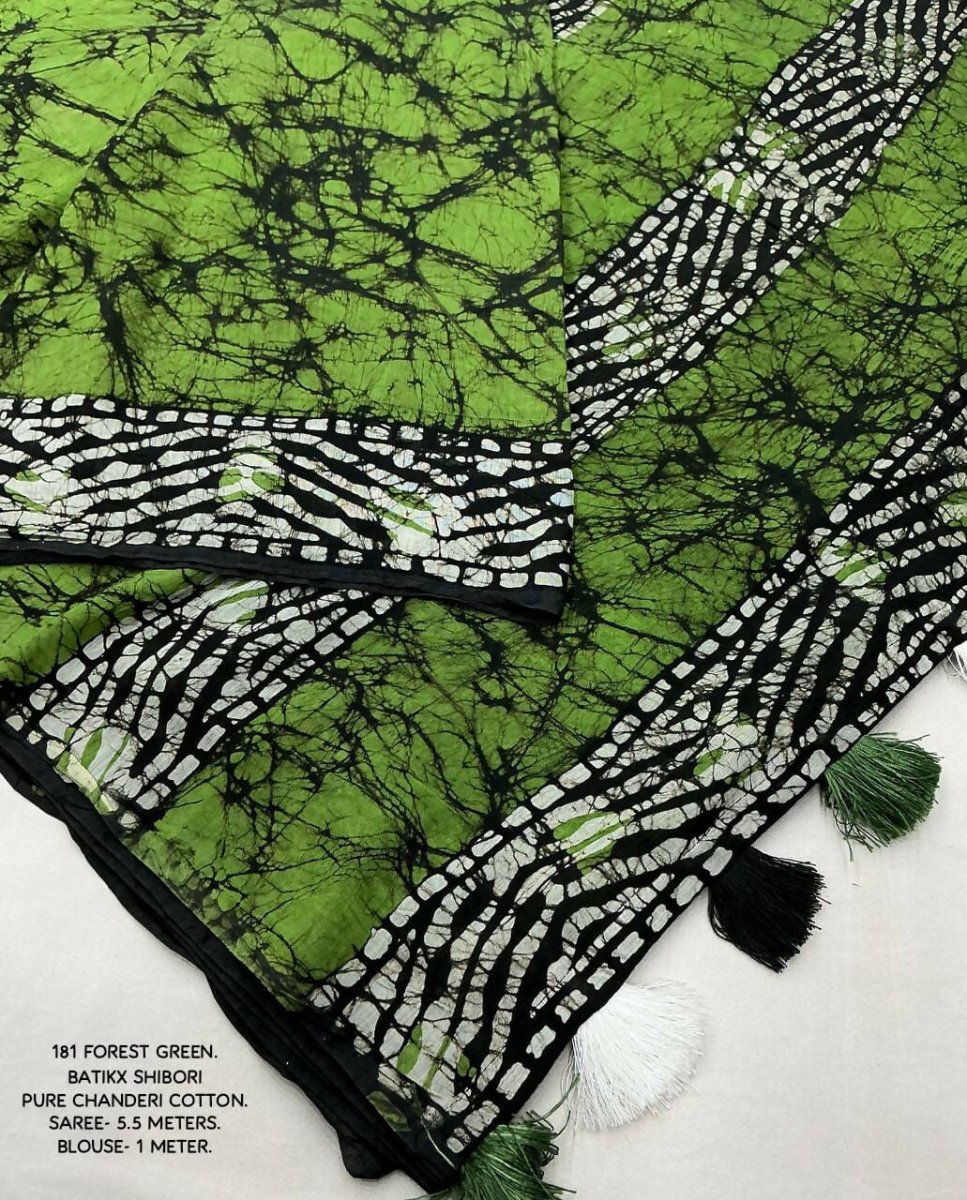 Green Chanderi Cotton Batik Printed Saree with Blouse Piece