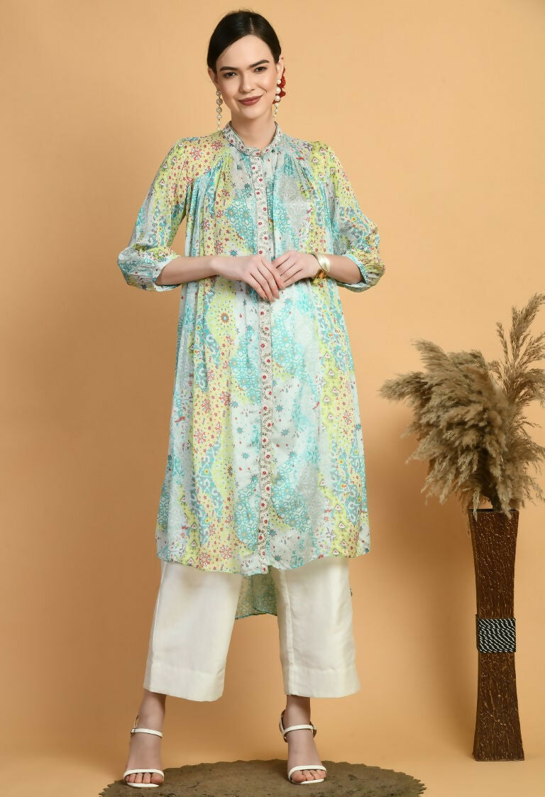Mint Green Chiffon Midi Kurta Set with Geometric Print