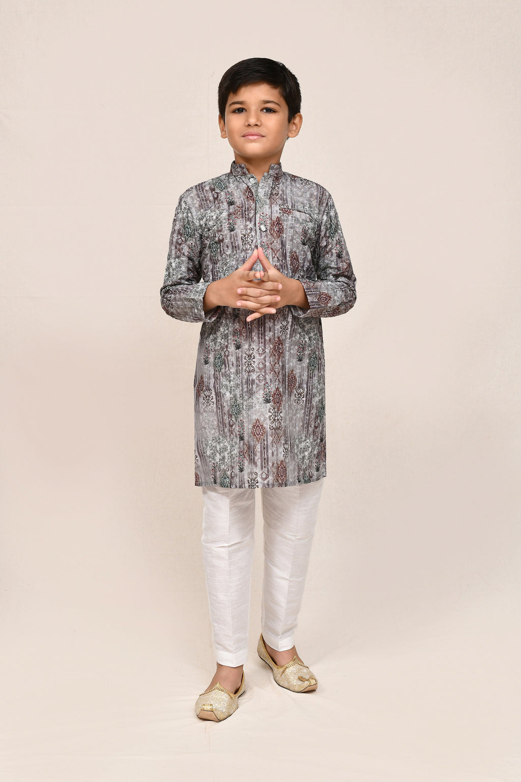 Kids Geometric Print Grey Cotton Silk Kurta and White Pants
