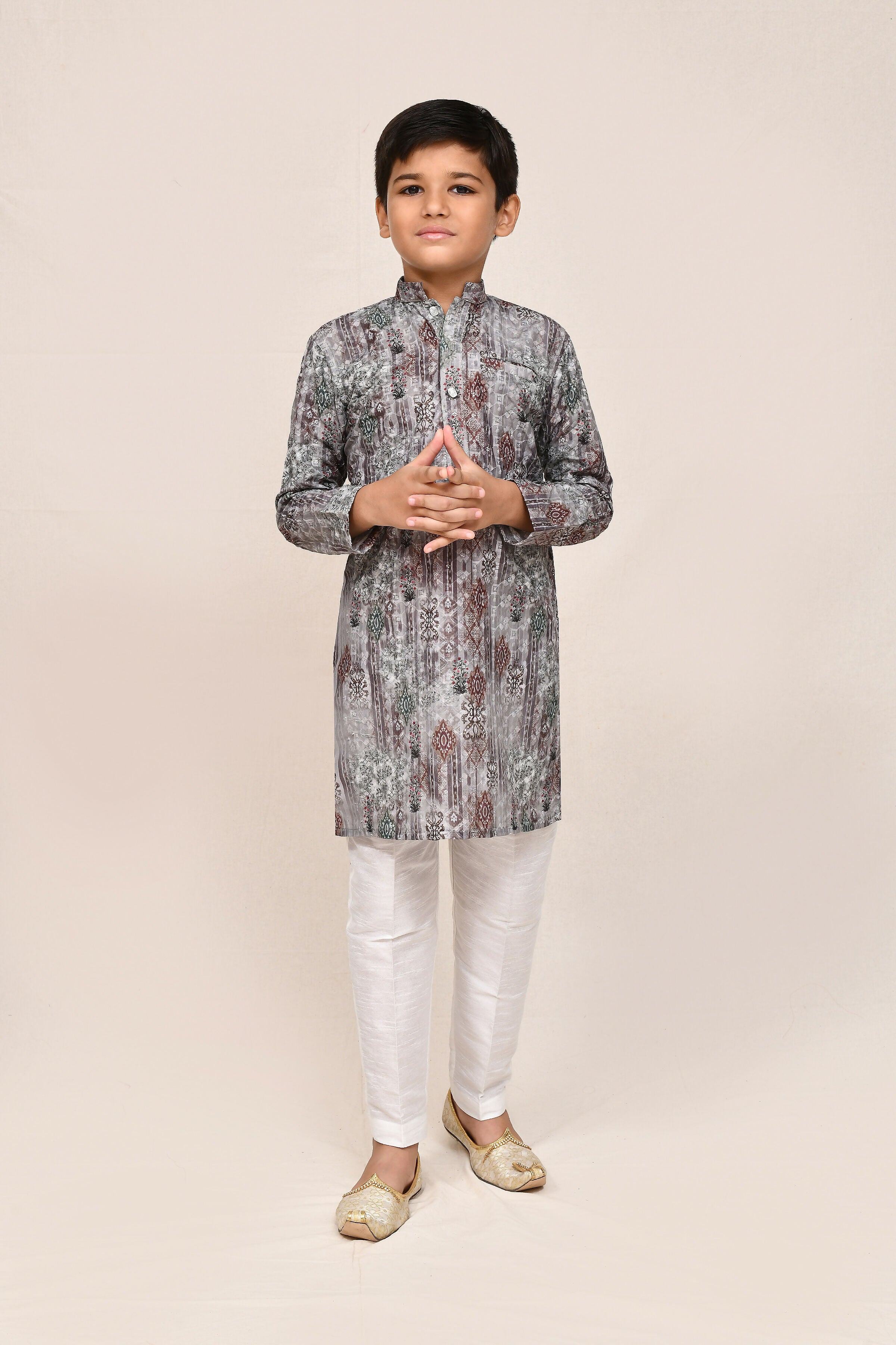 Kids Geometric Print Grey Cotton Silk Kurta and White Pants