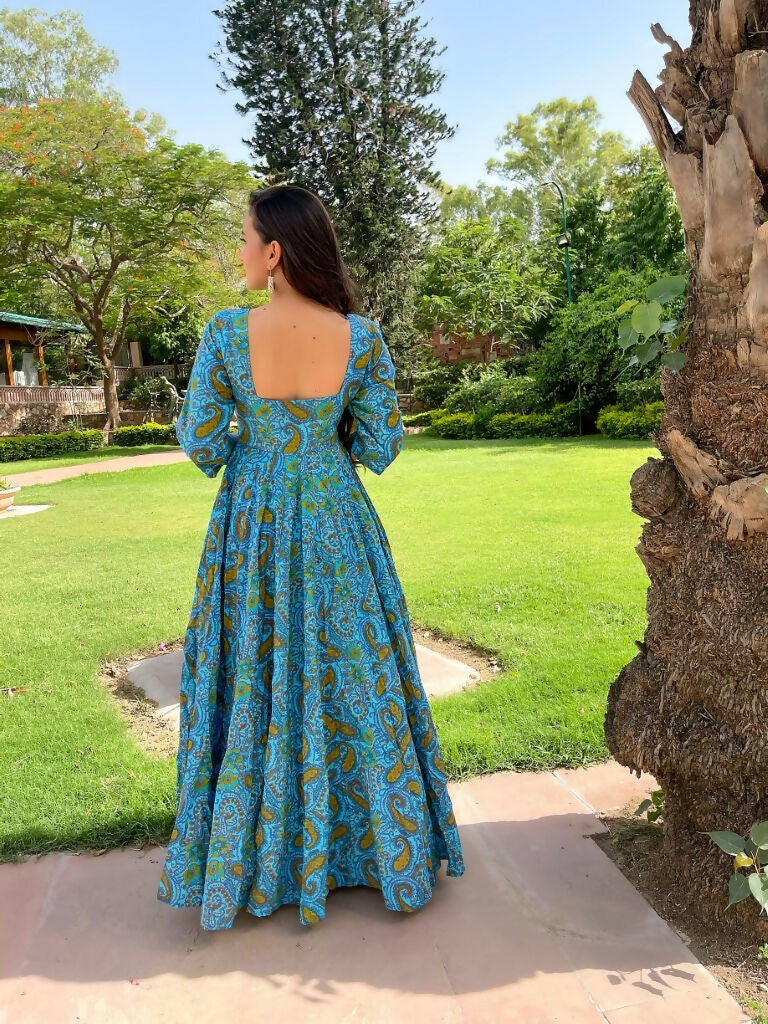 Turquoise Abstract Cotton Silk Anarkali Dress for Women