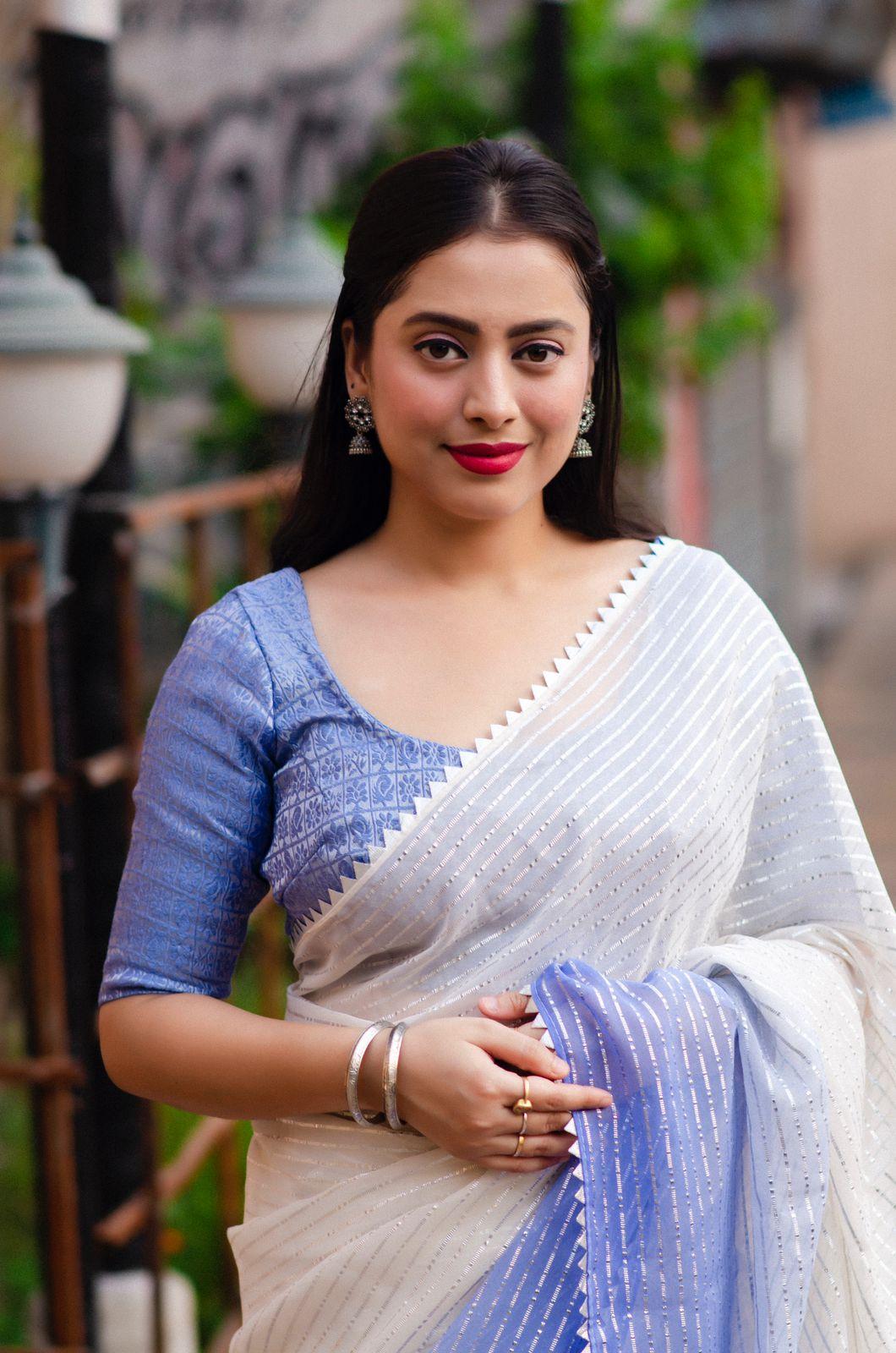 Lavender Poly Chiffon Striped Saree with Tie & Dye Patola Blouse