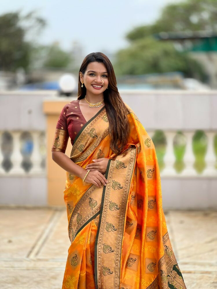 Mustard Orange Soft Banarasi Silk Saree with Zari Meenakari