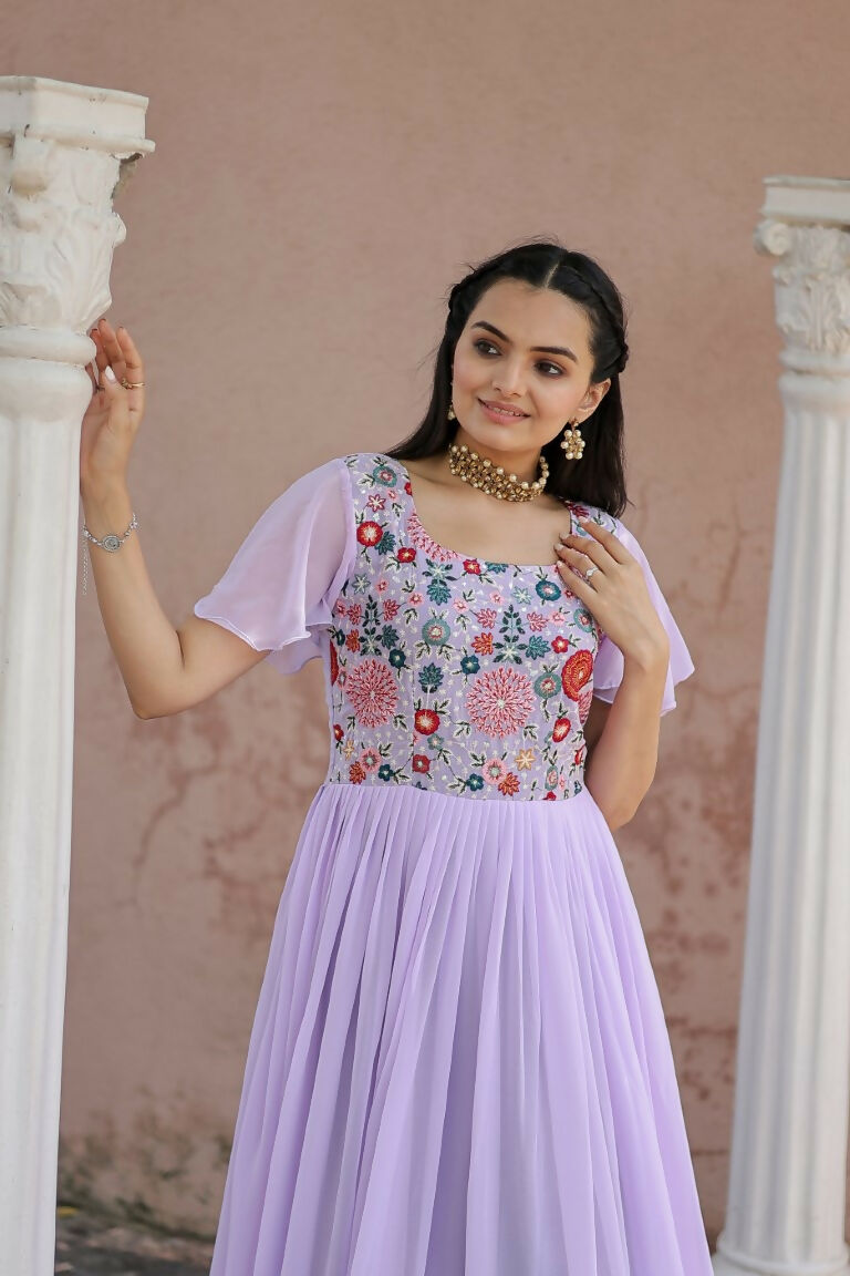 Purple Sequins Embroidered Faux Georgette Anarkali Floor-Length Dress