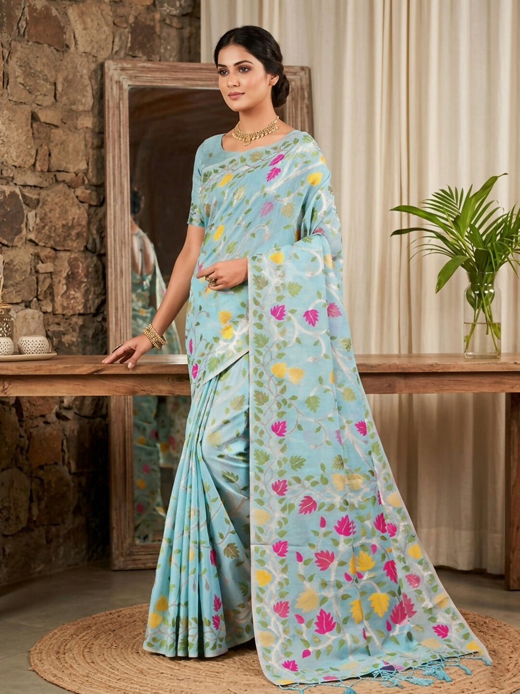 Sky Blue Linen Cotton Saree with Matching Blouse