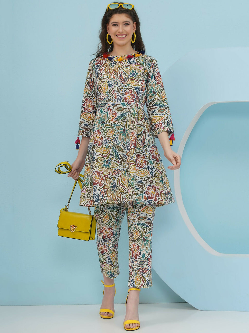 Floral Print Co Ord Set in Multi Color with Embellishment