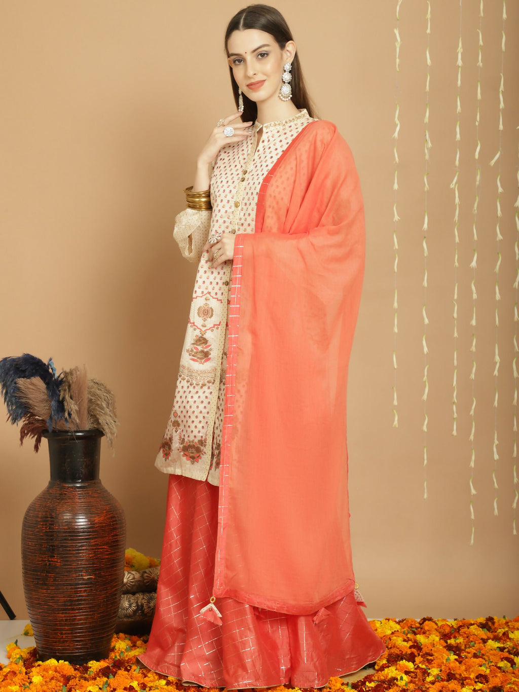 Cream Chanderi Silk A-Line Kurta Set with Jardoshi Detailing