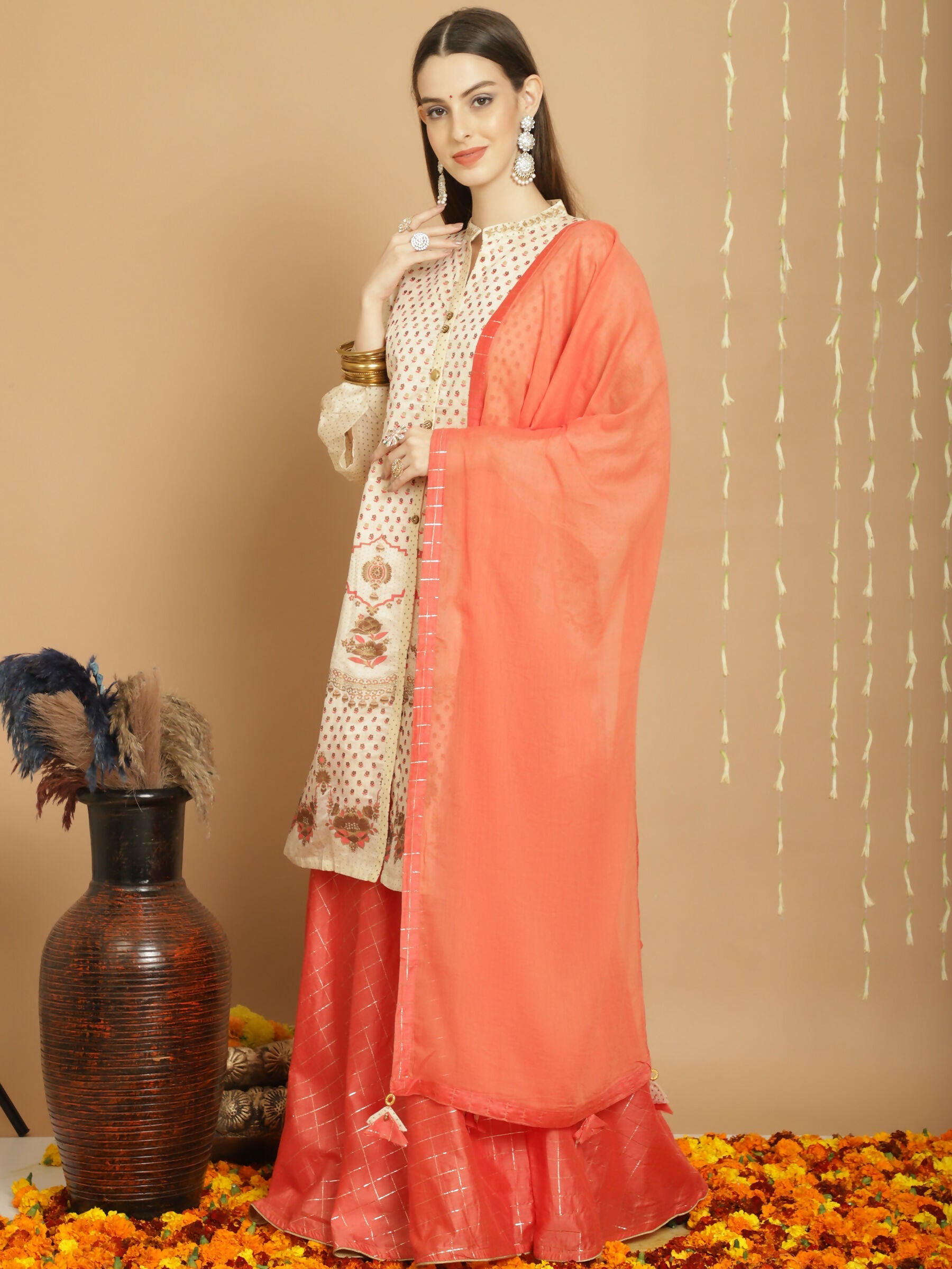 Cream Chanderi Silk A-Line Kurta Set with Jardoshi Detailing