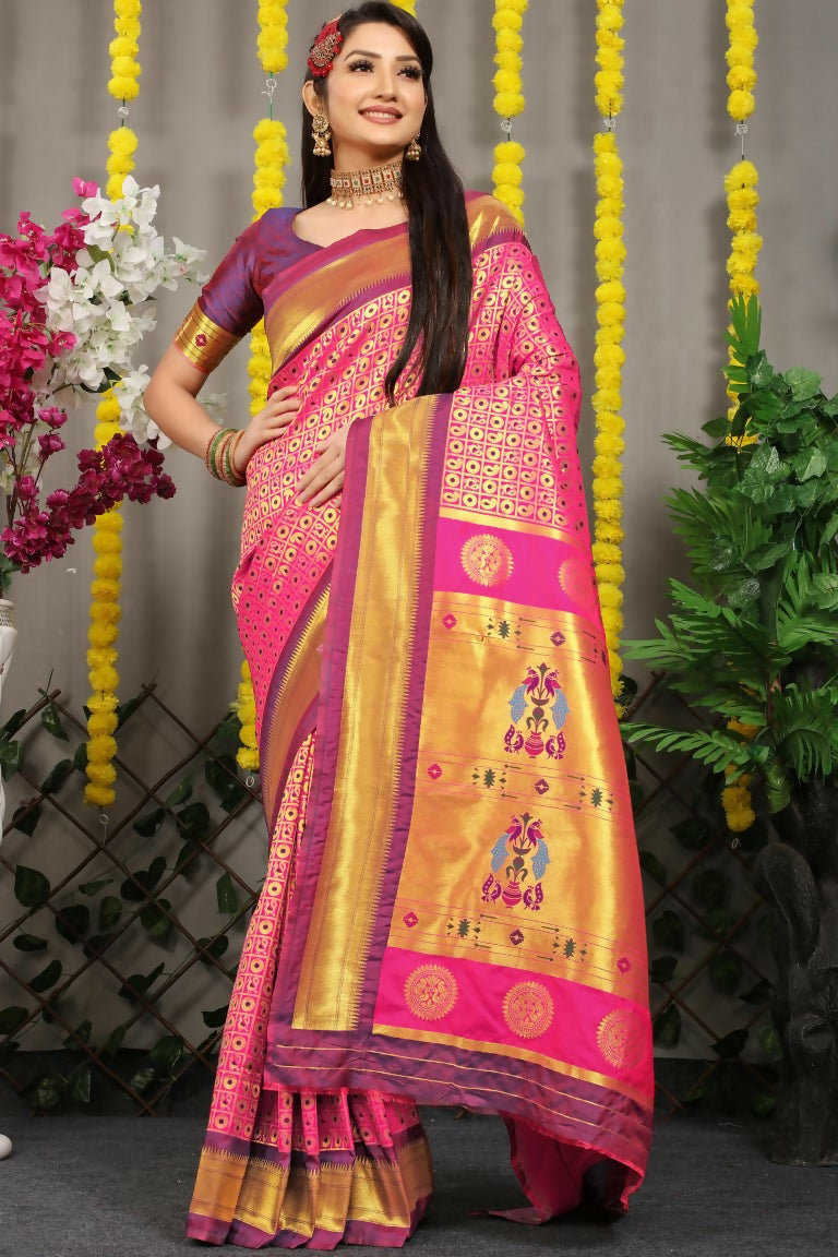 Pink Banarasi Silk Saree with intricate zari weaving and a matching purple blouse piece