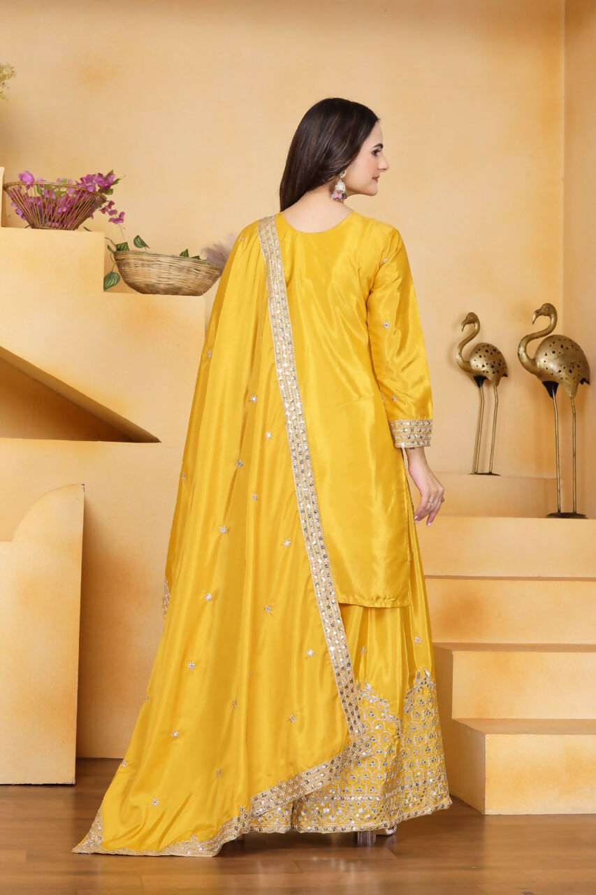 Yellow Crepe Embroidered Sharara Set for Festive Occasions