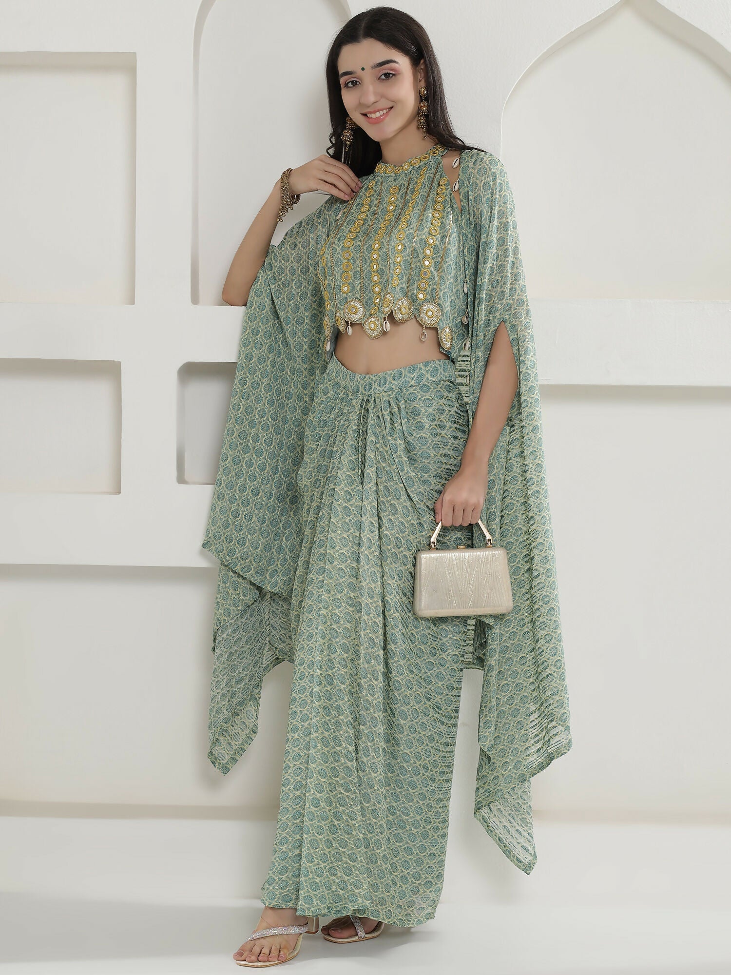 Joban Fashion Green Georgette Cape Inner And Shirt Set