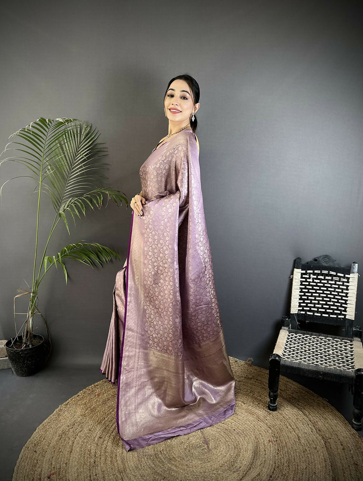 Lavender Floral & Paisley Motif Soft Satin Silk Banarasi Saree