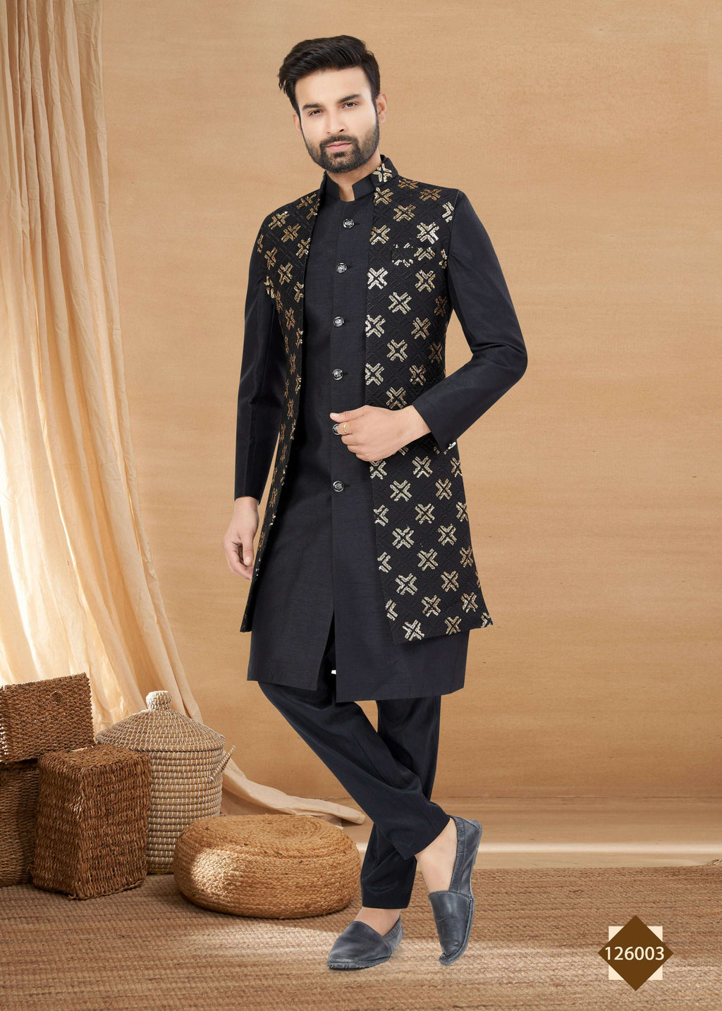 Joban Fashion Men's Black Heavy Art Silk Plain Indowestern