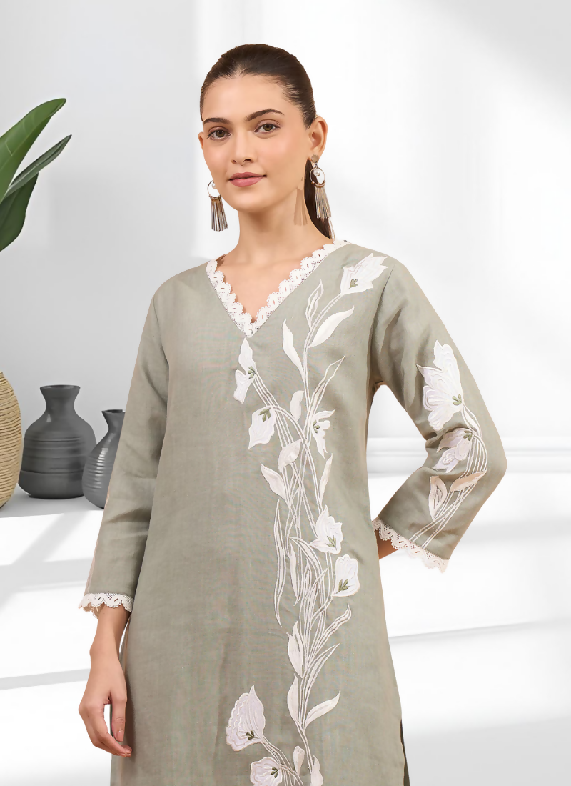 Gray Embroidered Linen Long Kurta with Matching Pants Set