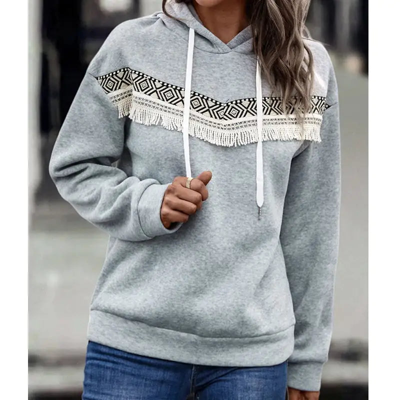 Women's Hooded Pullover Sweatshirt with Patterned Lace Trim - Image 2
