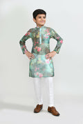 Kids floral green georgette kurta paired with white art silk straight fit pants