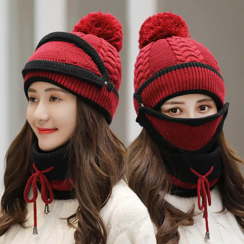 Women's 3-Piece Knitted Beanie Hat and Scarf Set with Face Mask - Image 6