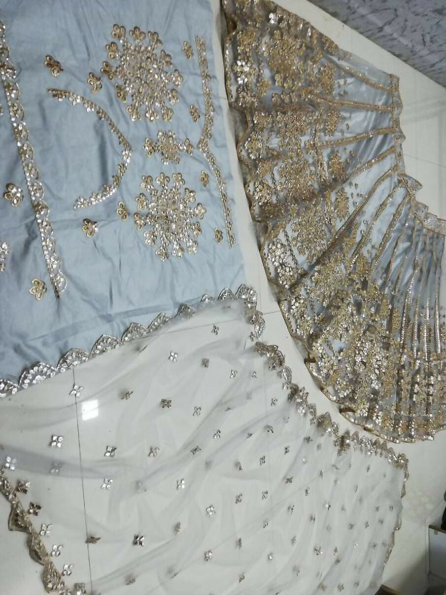 Grey Net Lehenga Choli with Zari and Paper Mirror Embroidery