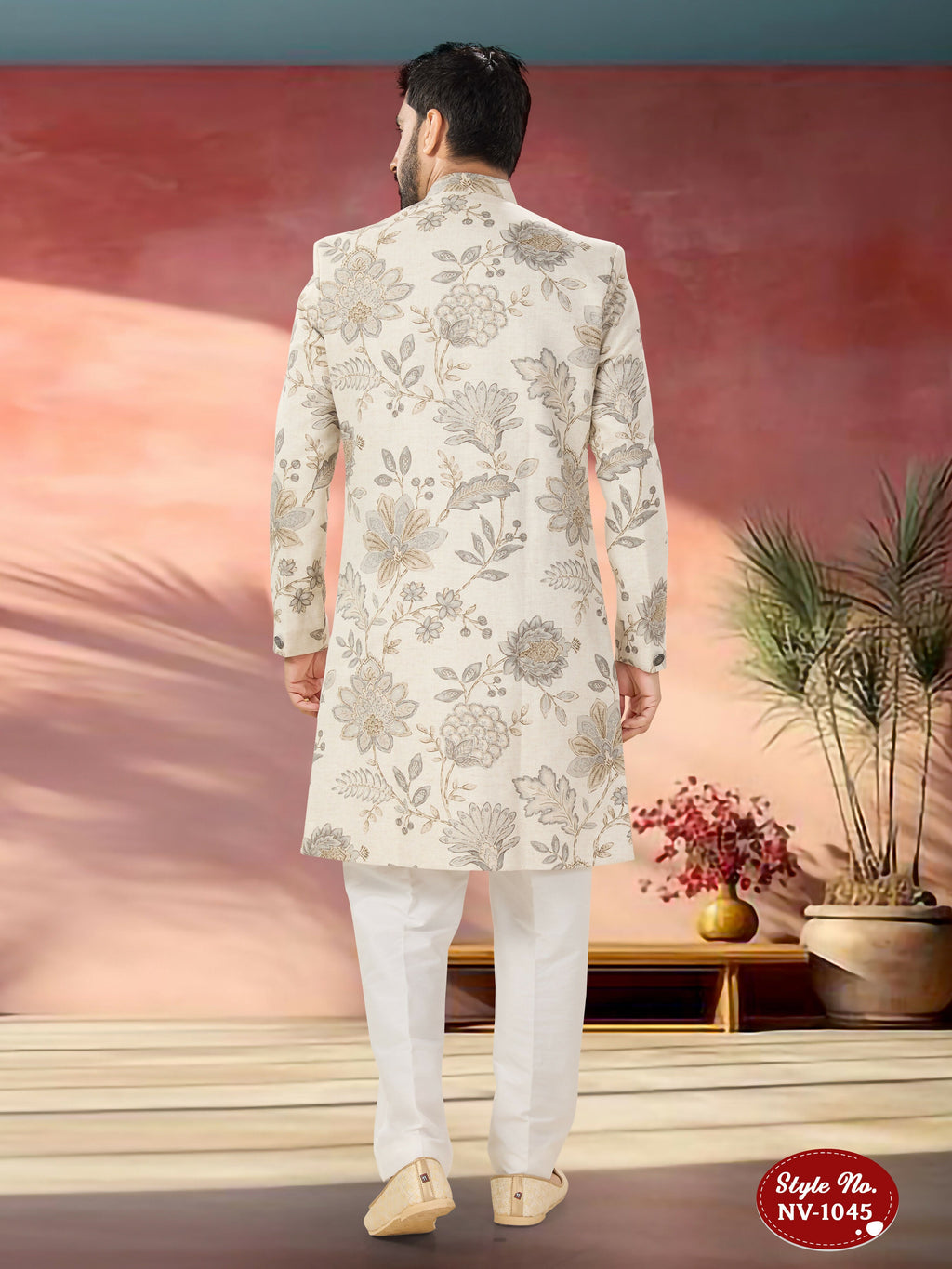 Men's Beige Swed Velvet Indo-Western Kurta Set with Self-Design