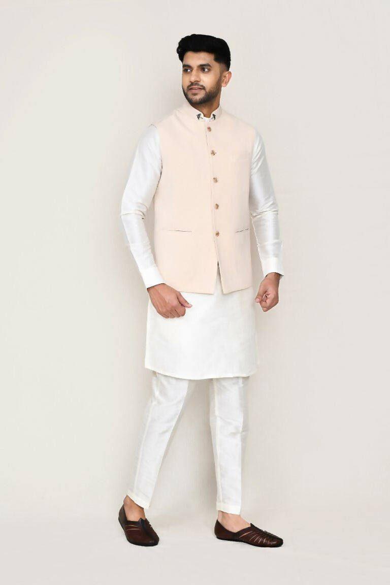 Classic White Art Silk Kurta, Jacket and Straight Pant Set