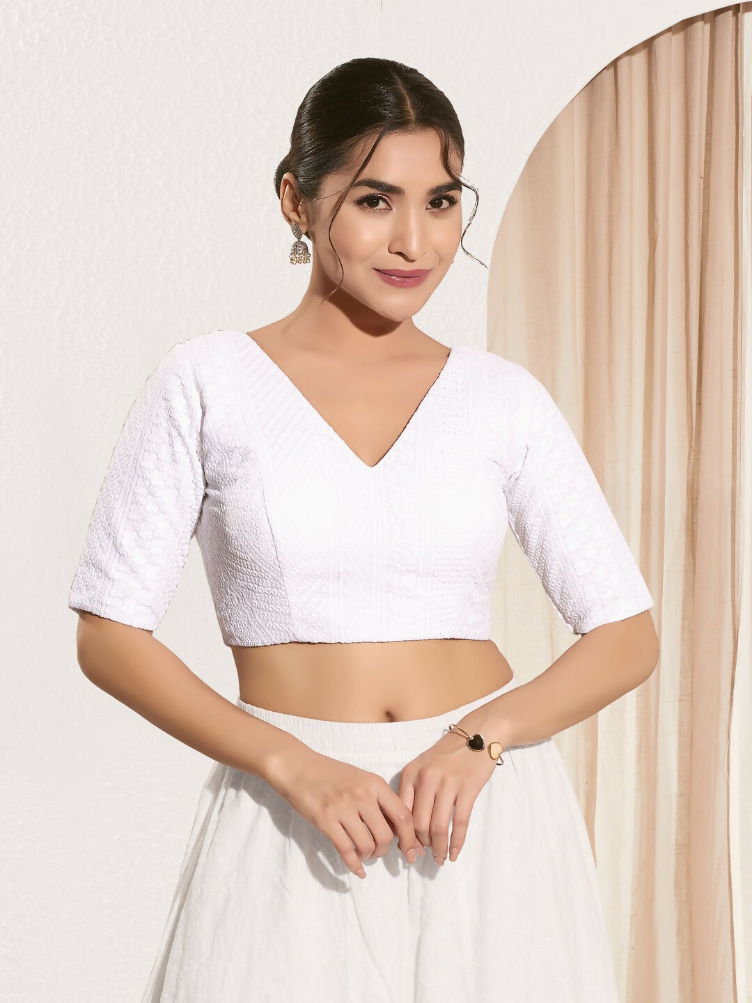 White Shifli Padded Blouse with V-Neck and Elbow Sleeves