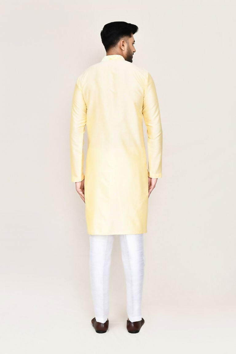 Cream Art Silk Kurta Set with Straight Fit Pant