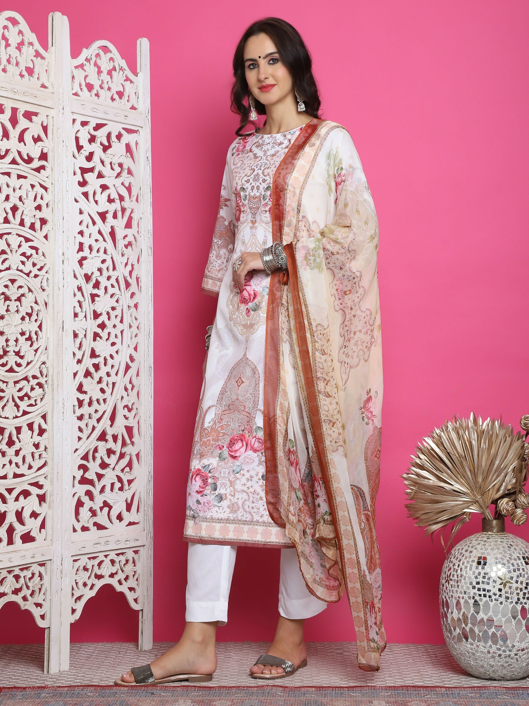 Cream Satin Traditional Digital Print Kurta Set with Crystal Work