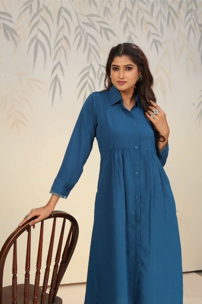 Women's Blue Rinkal Cotton Straight Kurti with Side Pockets