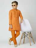 Boys orange Chanderi kurta and pyjama set featuring traditional Butta embroidery work