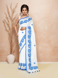 White and blue cotton saree with traditional appliqué work detailing