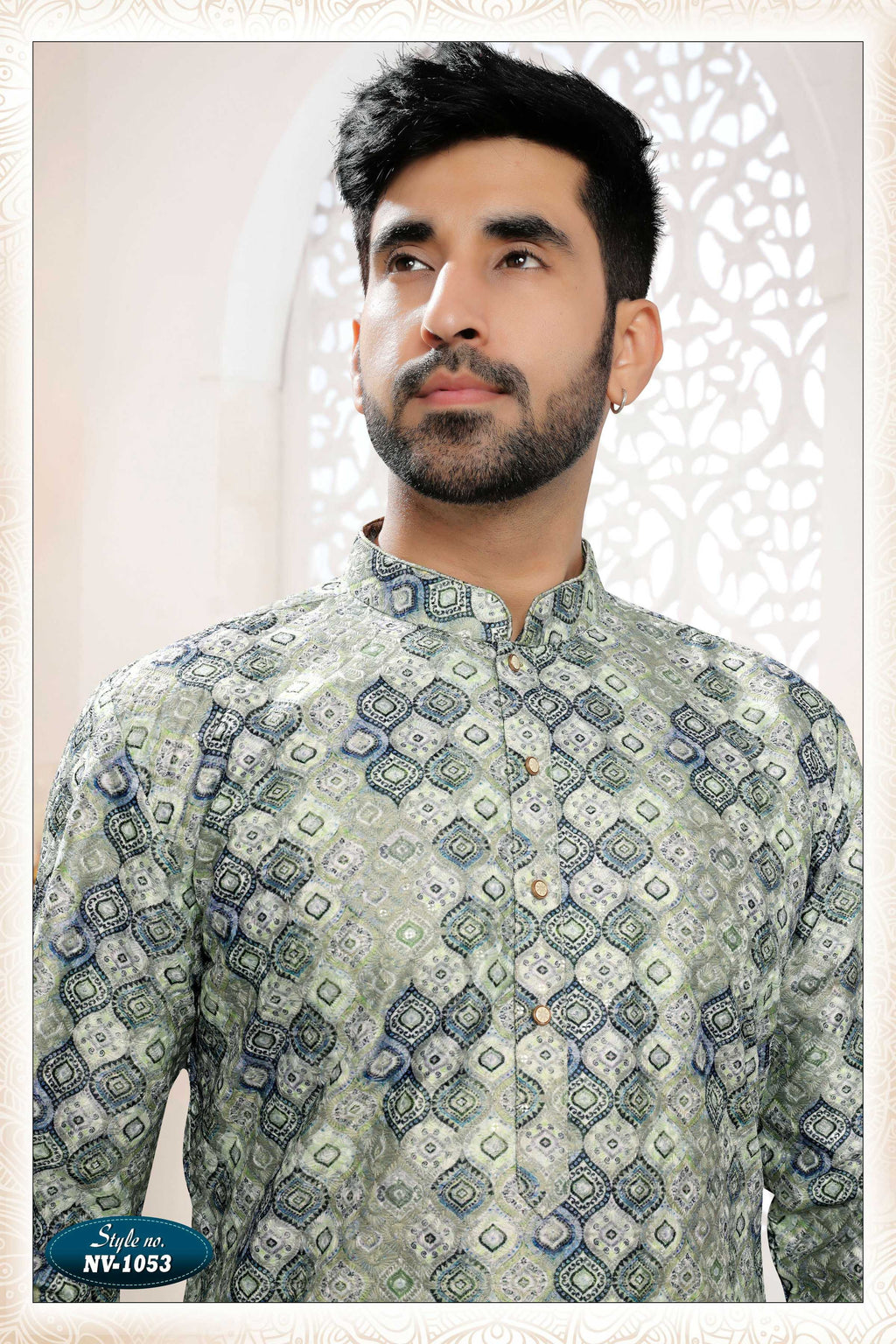 Men's Green & Blue Silk Kurta Set with Thread and Sequence Embroidery