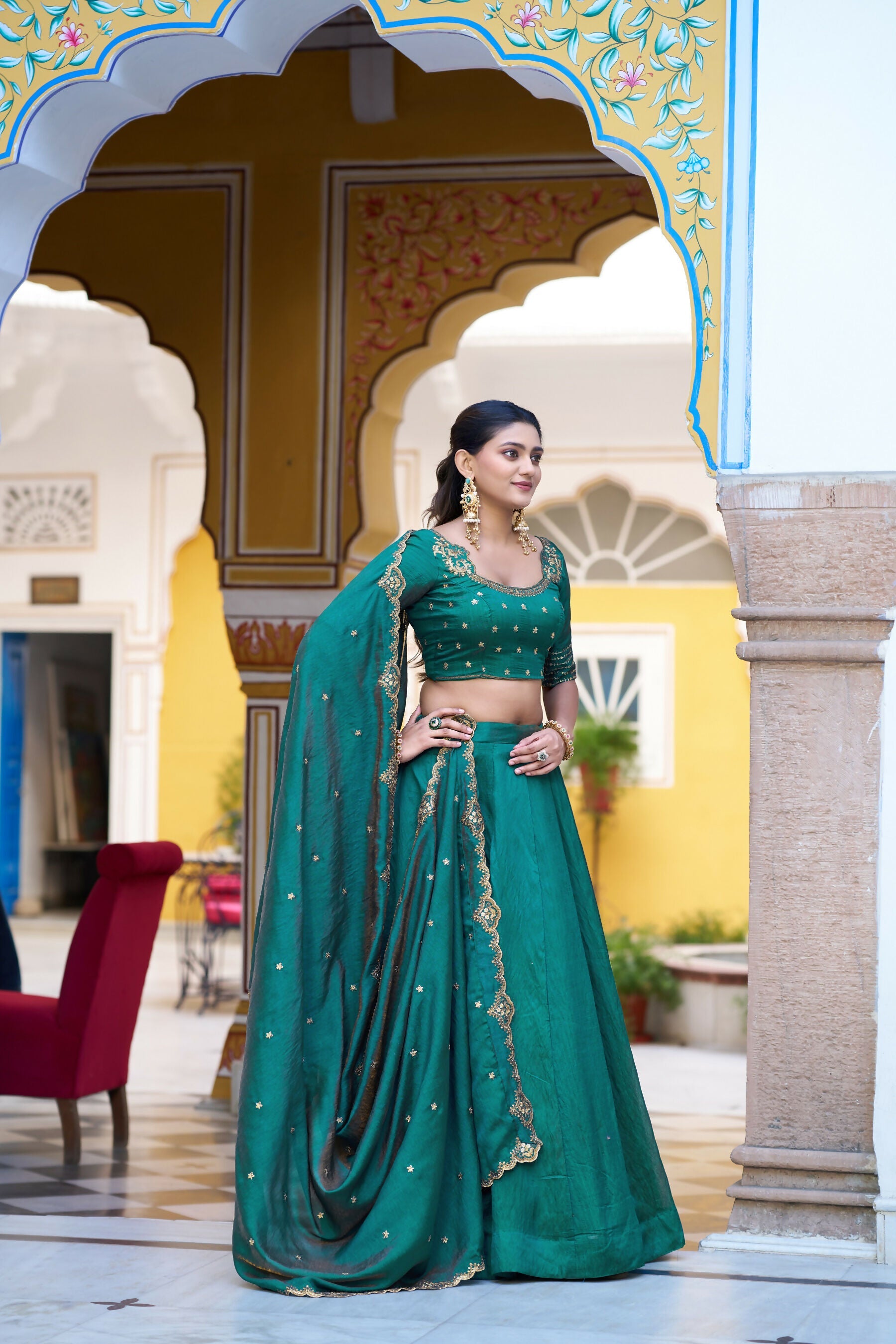 Teal NC Silk Lehenga with Embroidery Work Choli