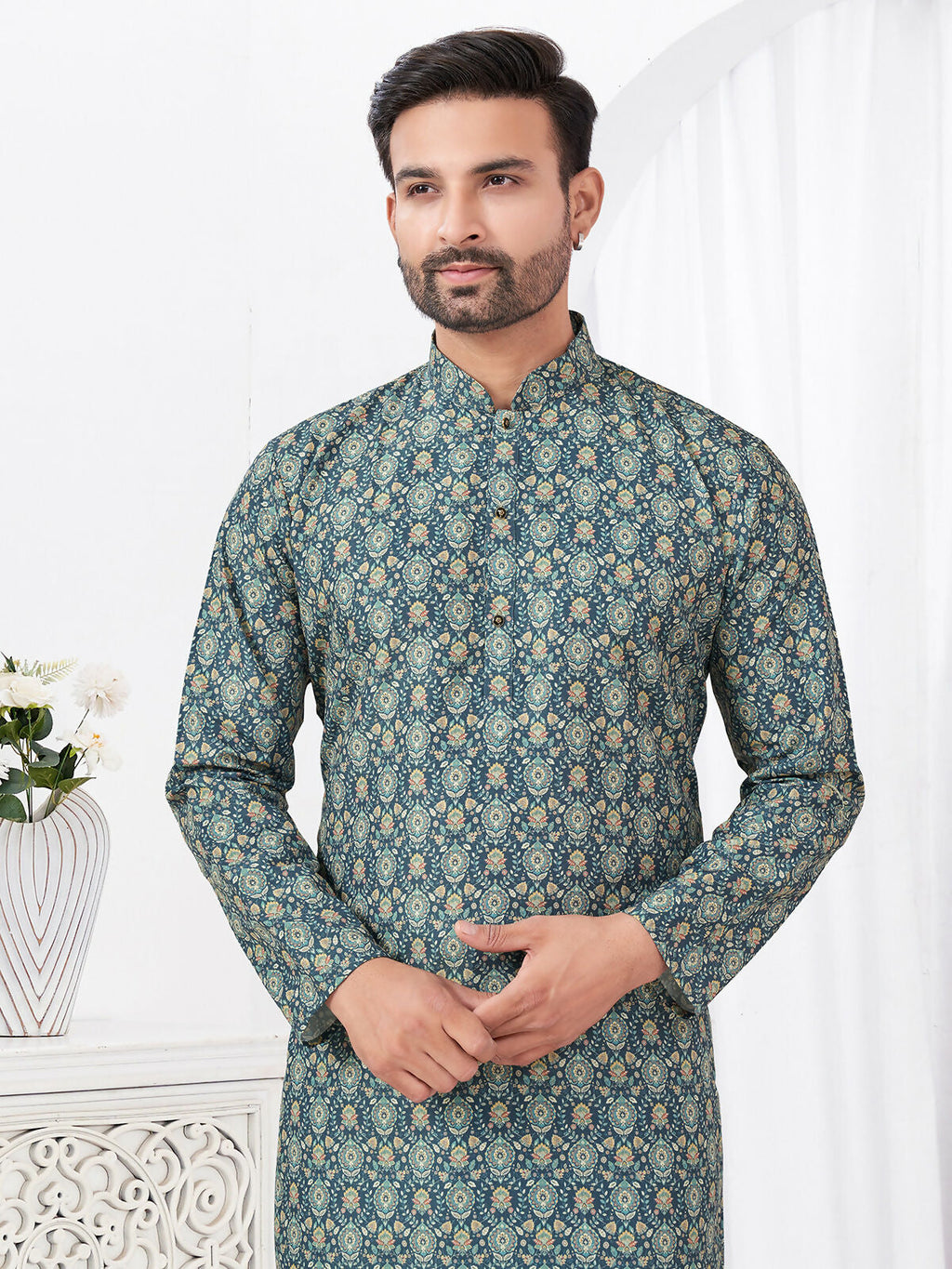 Boys Blue Printed Rayon Cotton Kurta Pyjama Ethnic Set