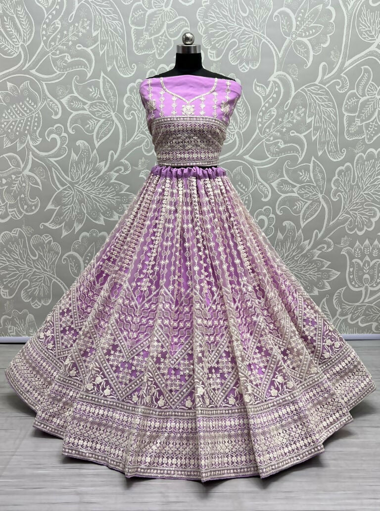 Mauve Net Wedding Lehenga Choli with Sequins and Embroidery