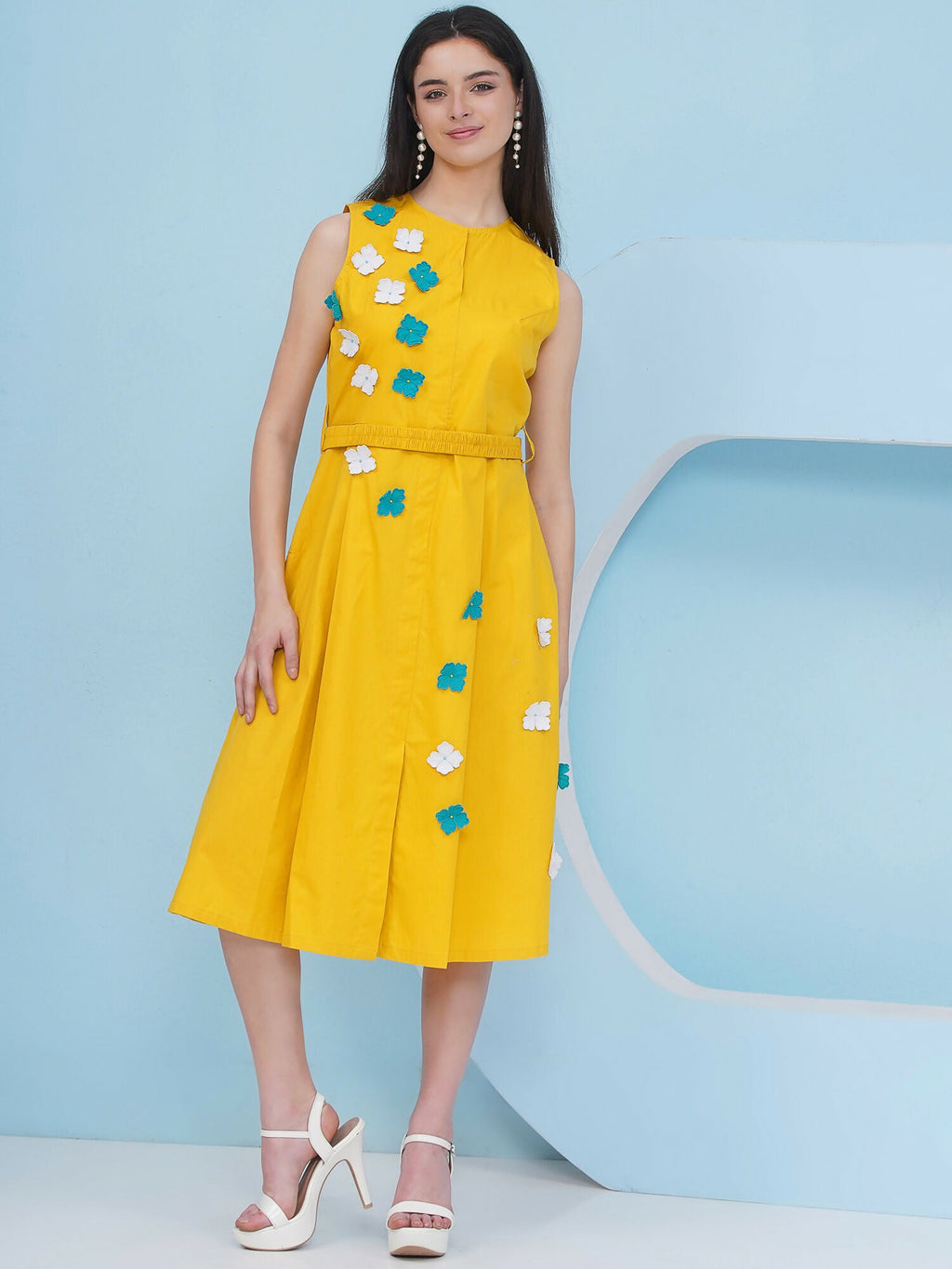 Yellow Dress with 3D Flower Embroidery and Belt