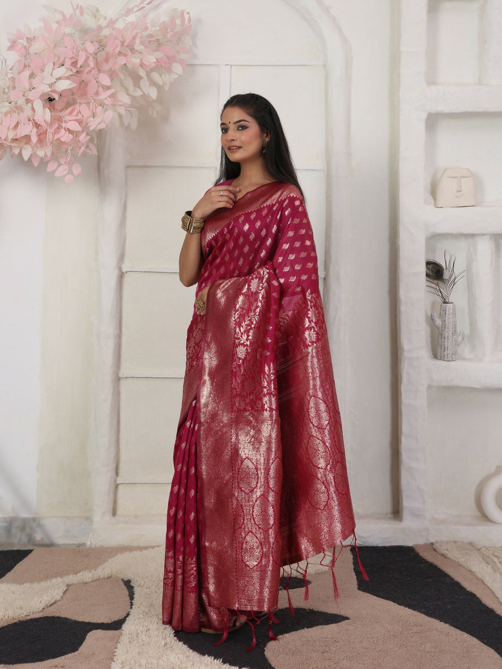 Elegant wine-colored Lichi silk saree with matching blouse piece