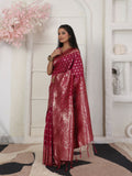 Elegant wine-colored Lichi silk saree with matching blouse piece