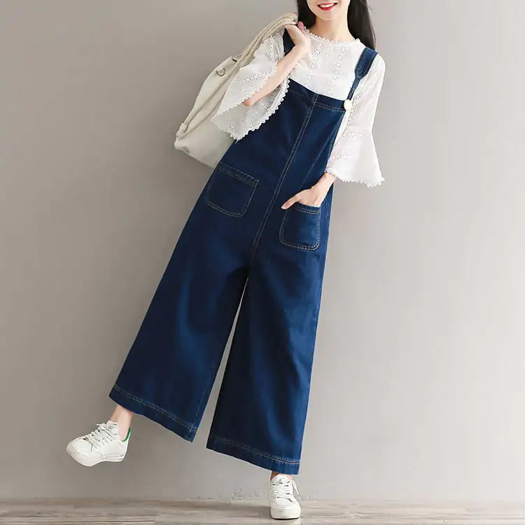 Women's Denim Overall Cropped Jumpsuit in Light and Dark Blue - Image 13