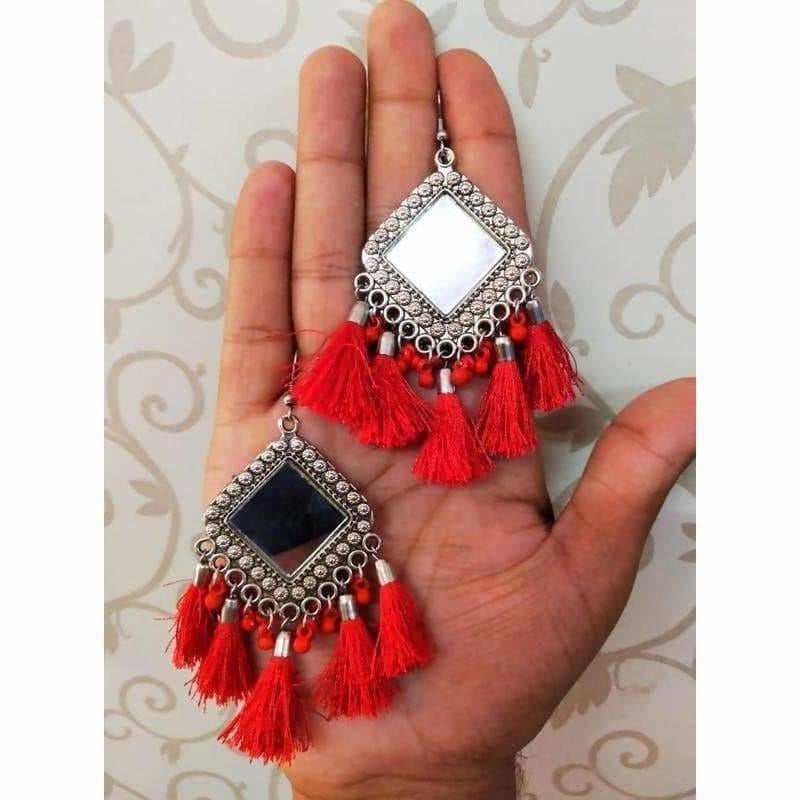 Red silk thread earrings with mirror work and German silver oxidized finish