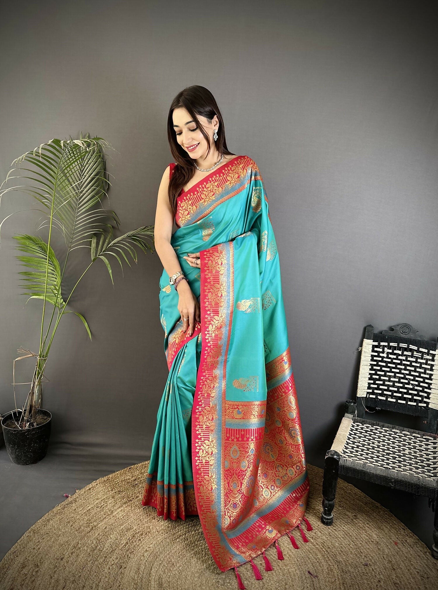Joban Fashion Aqua Green Banarasi Soft Silk Peacock Butta Work Saree