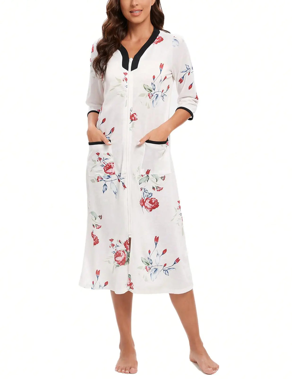 YARISNEY Womens Half Sleeve House Dress Zipper Front Housecoat with Pockets (White FloralS)